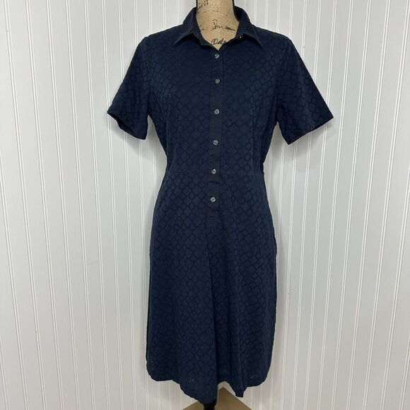 Lands End Eyelet Popover Dress Sz 14 Navy Blue Midi Vacation Career Pockets - Picture 15 of 15